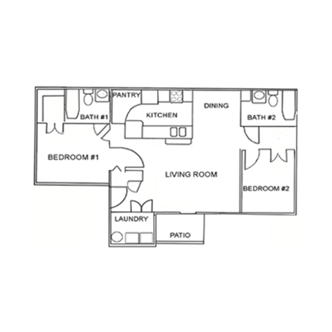 Floor plan for 2 beds, 2 baths, 961 sqft